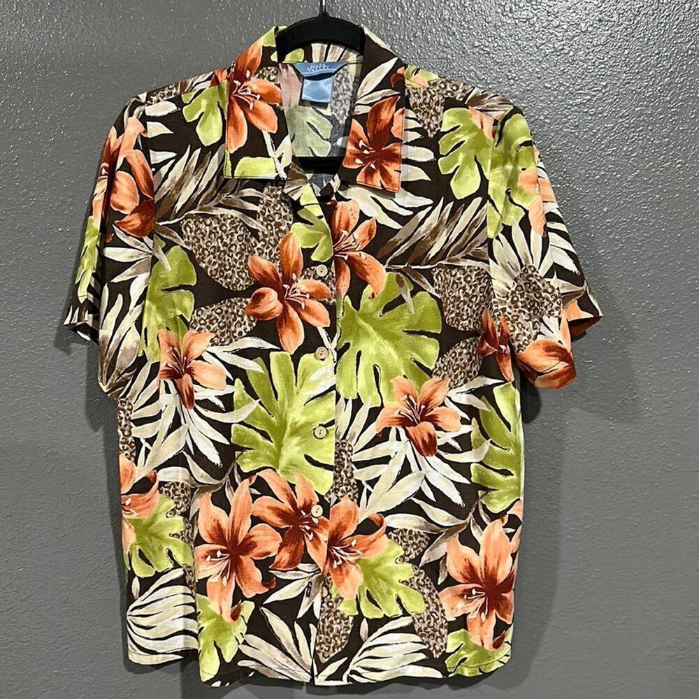 Napa Valley Hawaiian Palm Leaf Linen Blend Button Up Blouse L